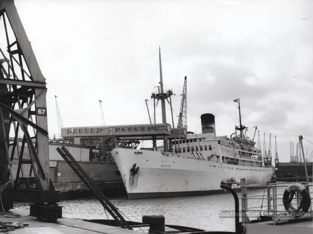 The SS Golfito moored at the Fyffes Bananas warehouse on Berth 67, Southampton Docks, mid-twentieth century