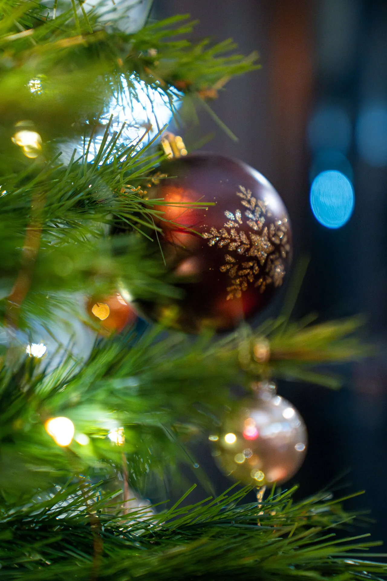 Baubles and lights on the Christmas tree at Banana Wharf